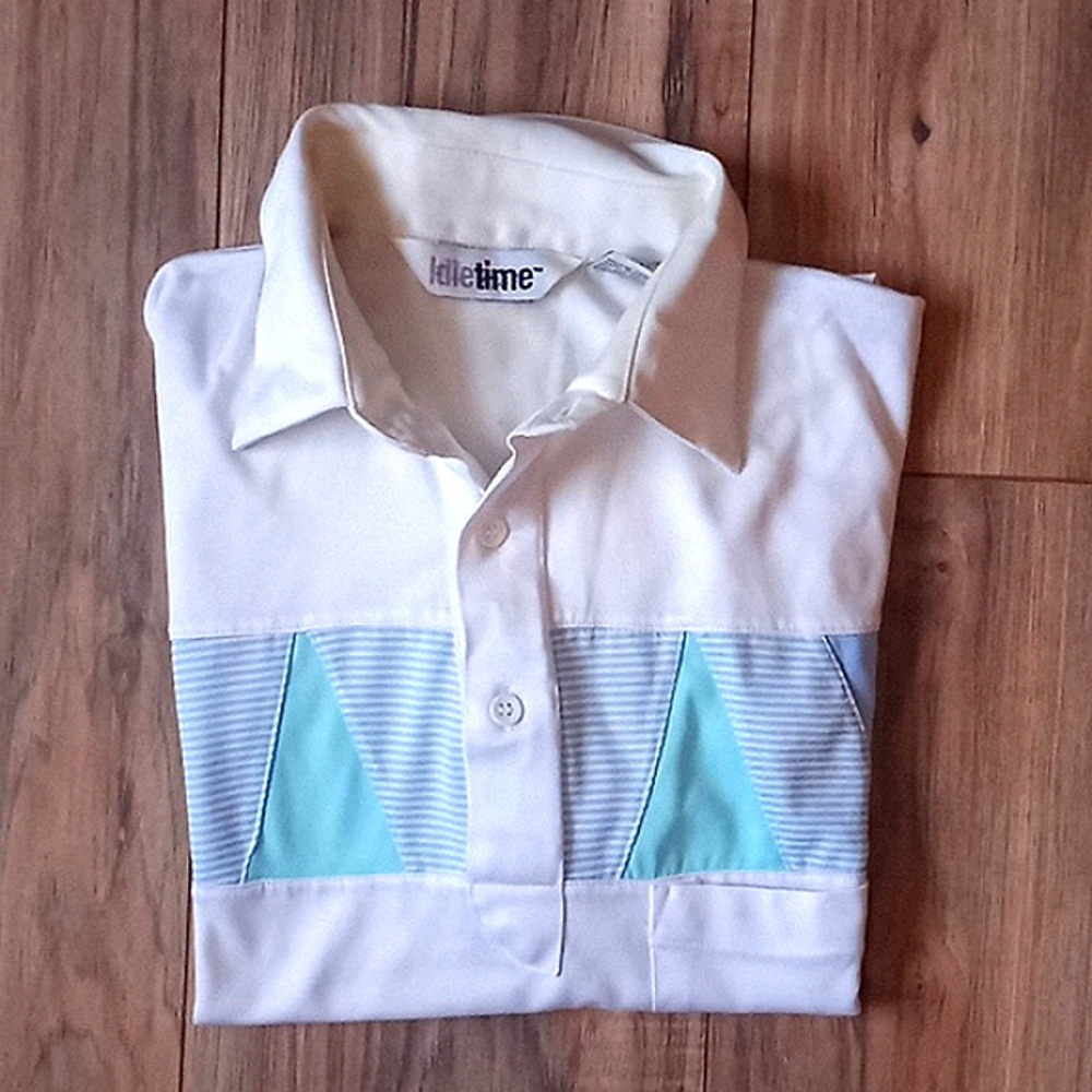 Vintage 70s 80s Collared Pocket Tee Men's Size M White And Blue polo